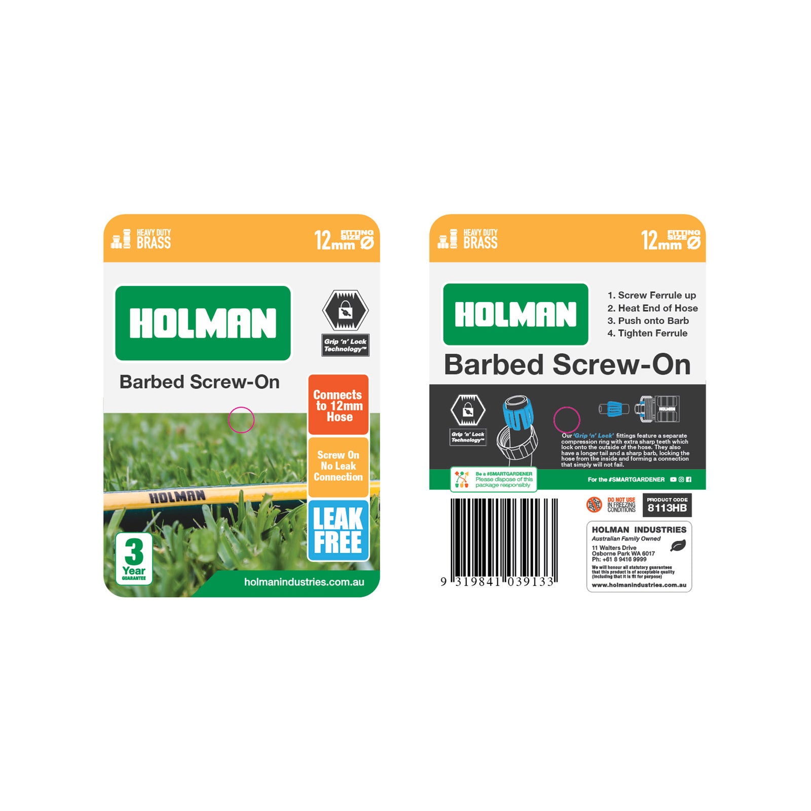 Holman 12mm Brass Barbed Screw On Hose Connector - Non-Slip Grip