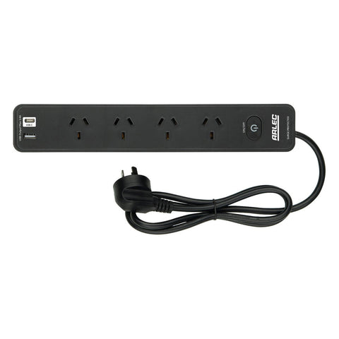 Arlec Black 4 Outlet Surge Protected Powerboard 285mm - USB A&C Charger - SuperSaverAU - view 1