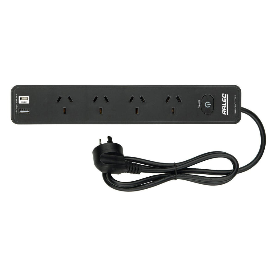 Arlec Black 4 Outlet Surge Protected Powerboard 285mm - USB A&C Charger - SuperSaverAU - view 1