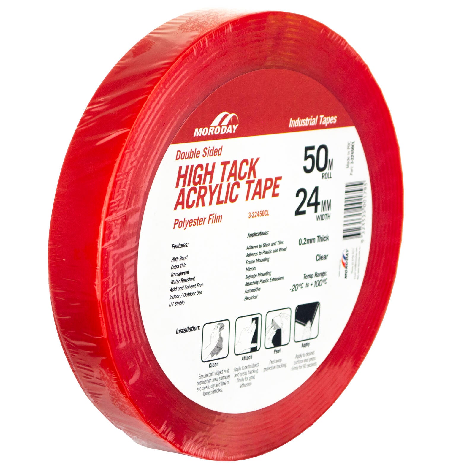 Moroday 24mm x 50m Clear Double Sided Hi-Tack Polyester Tape