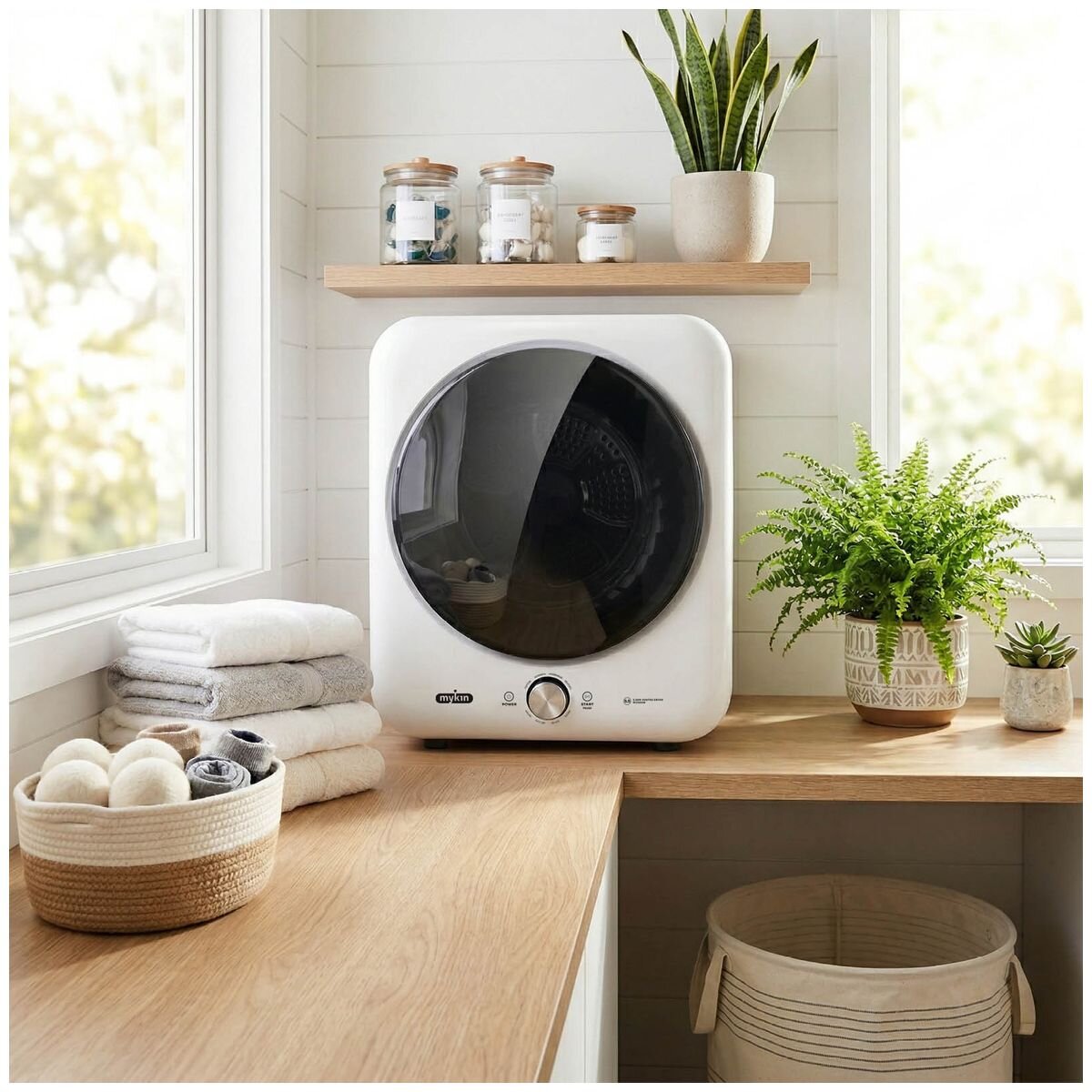 Mykin 5.5kg Vented Dryer - Sensor Drying, 8 Programs, Reverse Tumble, Wall Mountable, White - MVD55W