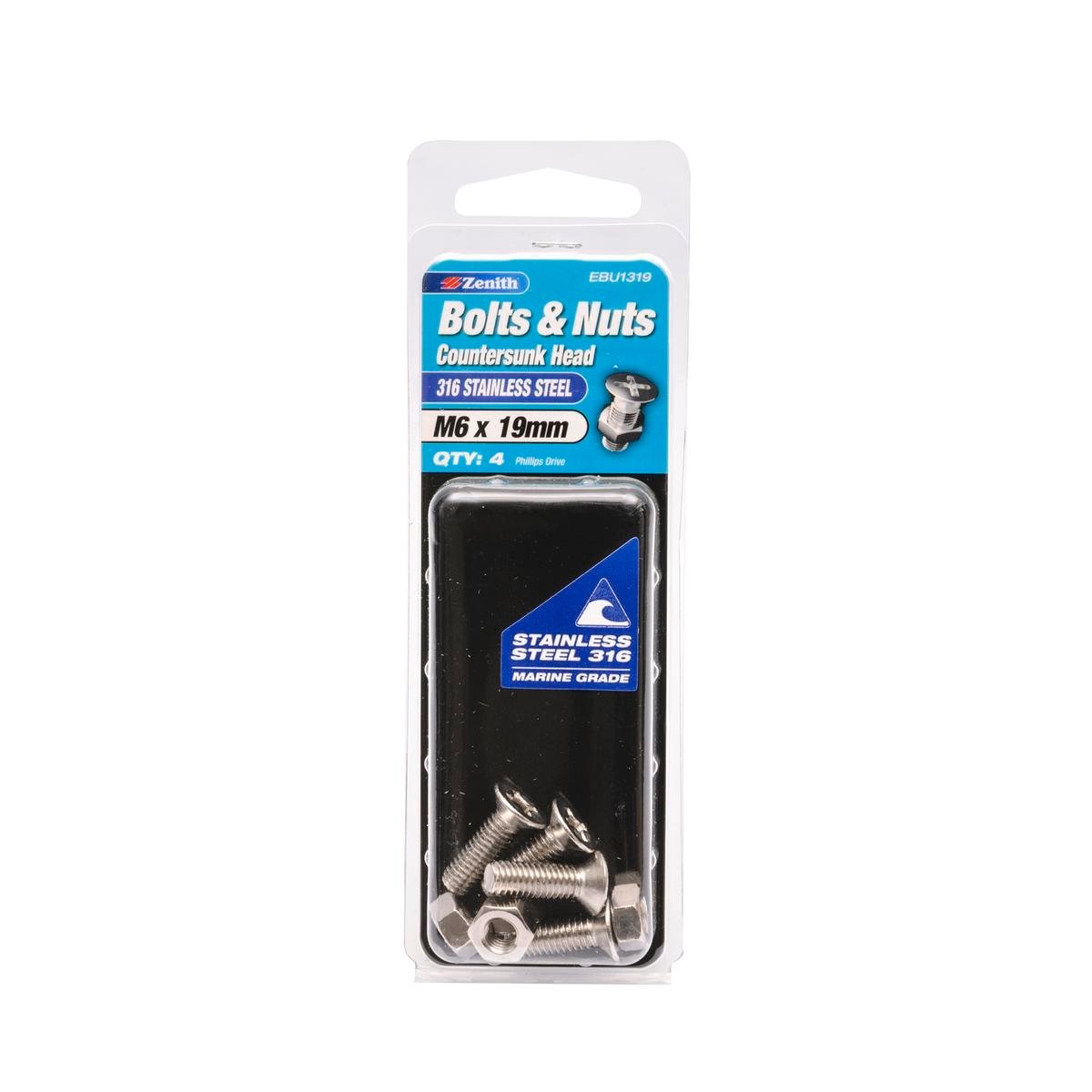 Zenith Countersunk Head Bolt - M6 x 19mm - Stainless Steel - Corrosion Resistant - 4 Pack - SuperSaverAU - view 1