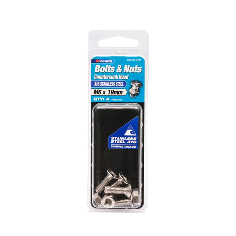 Zenith Countersunk Head Bolt - M6 x 19mm - Stainless Steel - Corrosion Resistant - 4 Pack - SuperSaverAU - view 1