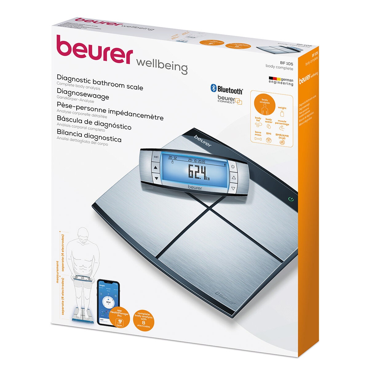 Beurer Diagnostic Bathroom Scale - Silver - Body Fat, Water, Muscle and Bone Mass Readings - BF105