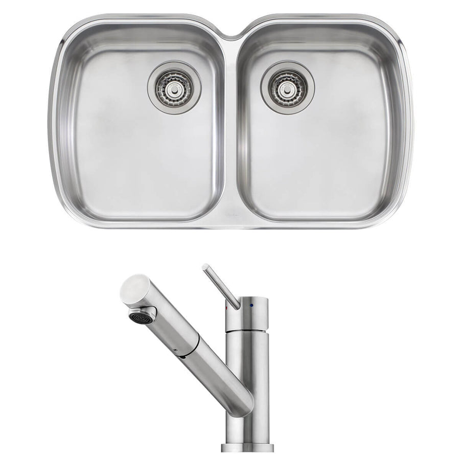 Oliveri Monet double bowl undermount sink and Essente pull out tap - 18/10 stainless steel - SS31615MO70U