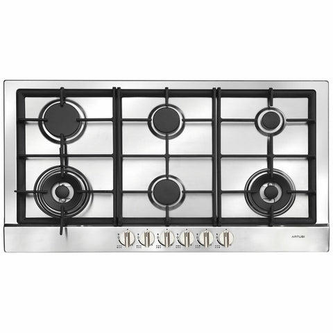 Artusi 90cm natural gas cooktop - 6 burners with 2 wok burners, cast iron trivets, stainless steel - AGH90XFFD