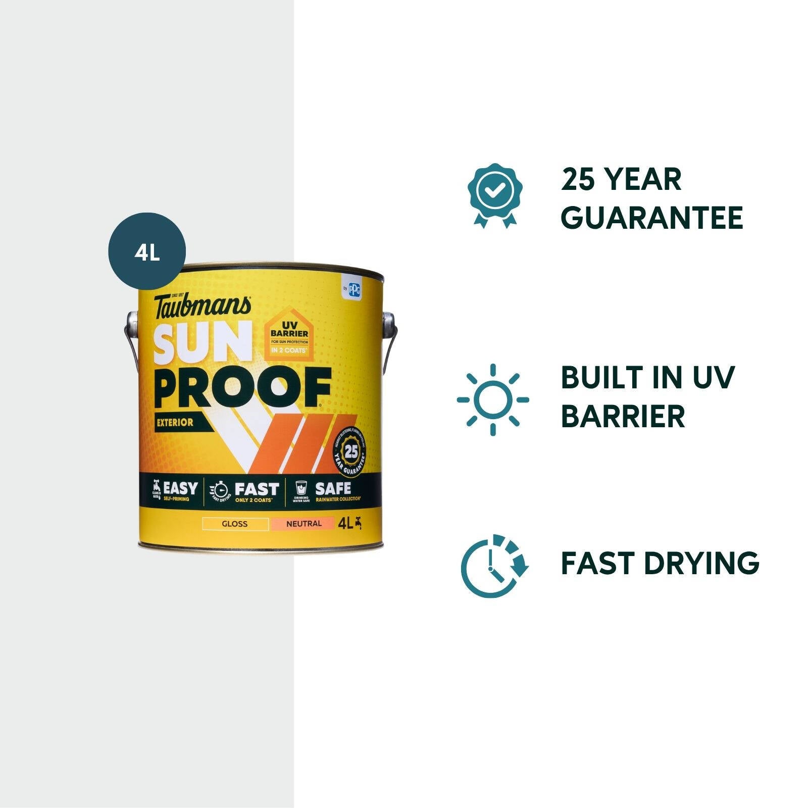 Taubmans Sunproof 4L Neutral Gloss Exterior Paint - Water Based Acrylic, Tintable