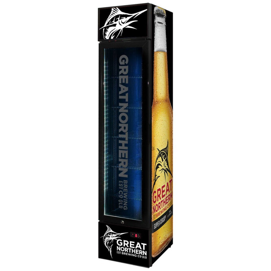Schmick 160L Great Northern Crisp Branded Skinny Upright Bar Fridge - 9 Star - SS-P160-GNBC-CRISP