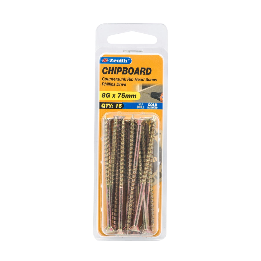 Zenith 8G x 75mm Gold Passivated Countersunk Rib Head Chipboard Screws - 16 Pack