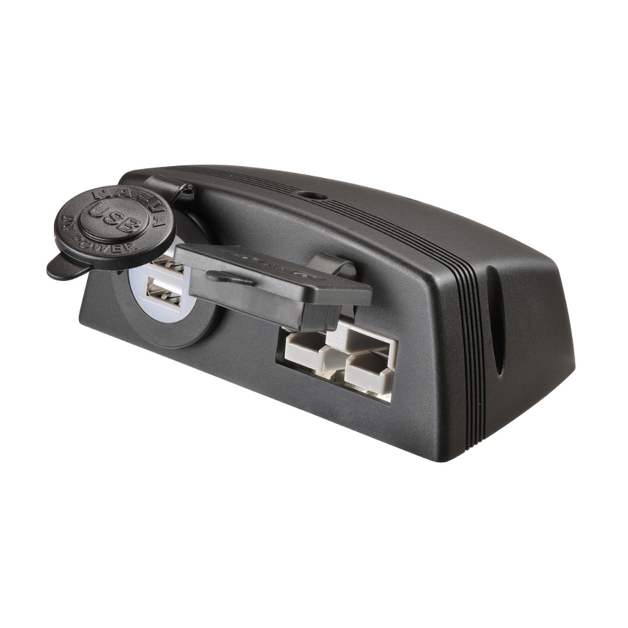 Narva 12V 50A Black Heavy Duty Twin Surface Mount Connector with Dual USB Socket