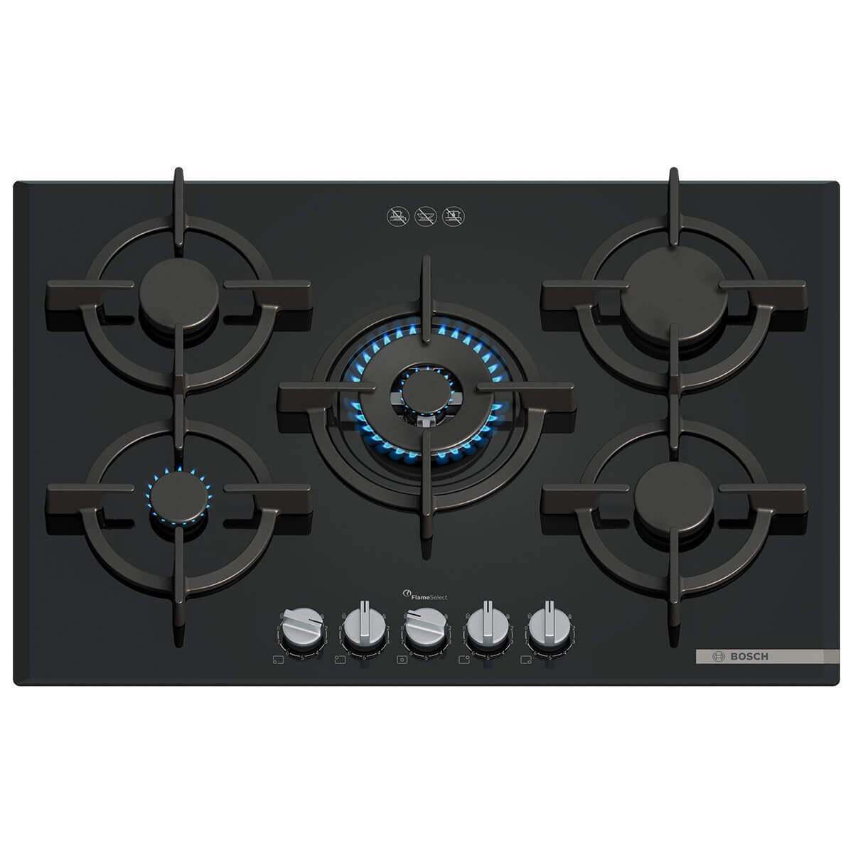 Bosch 75cm Series 6 Natural Gas Cooktop - Black Tempered Glass, Five Burners, FlameSelect - PPQ7A6I10A