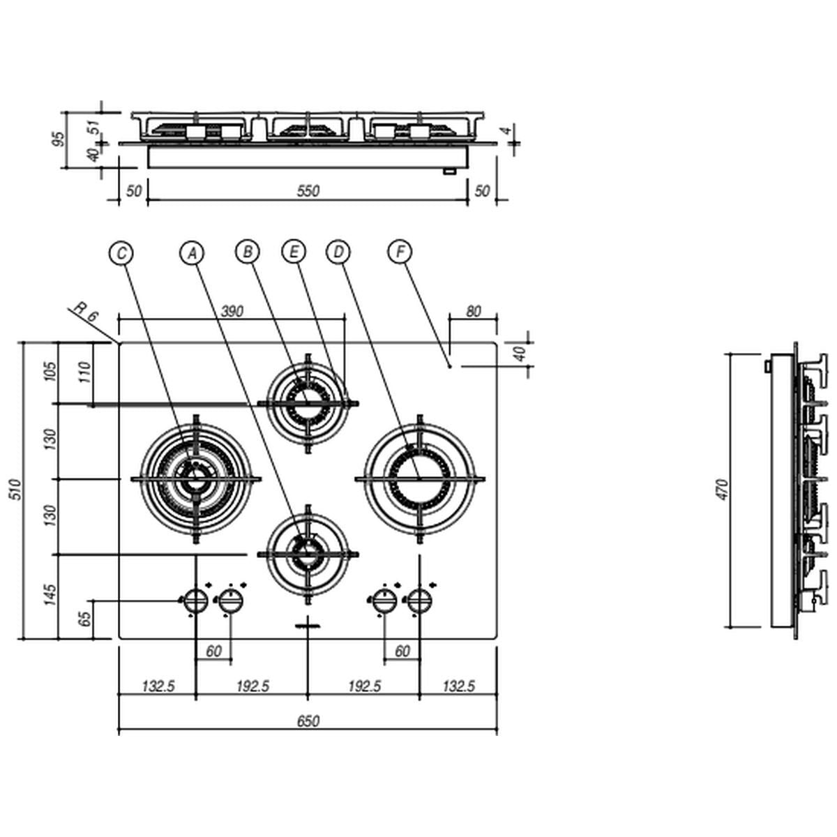 Barazza 65cm Mood gas cooktop - Stainless steel, 4 burners, soft-touch cast iron supports - 1PMD64