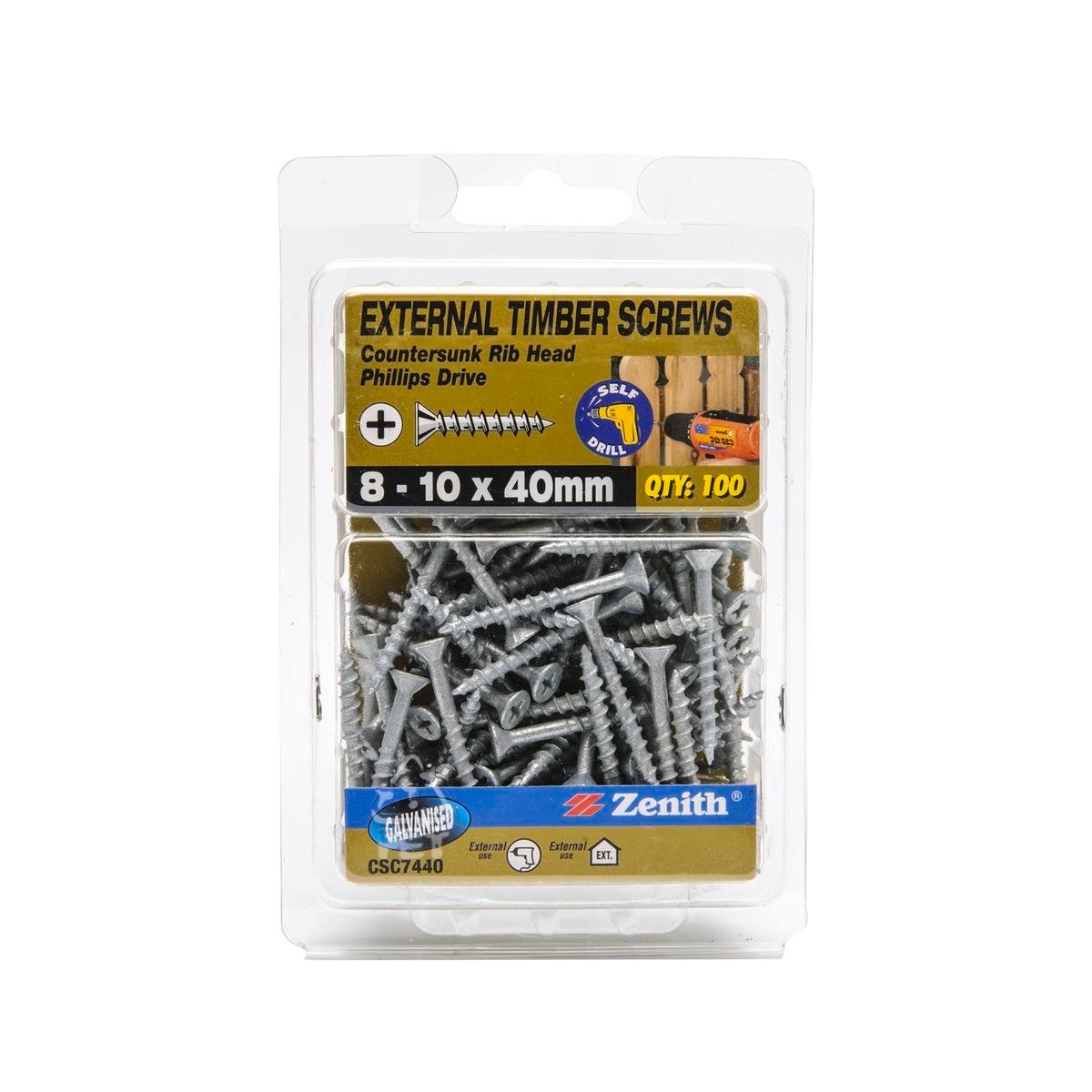 Zenith Timber Screws - 10 x 40mm - Galvanised - 100 Pack - Countersunk Head