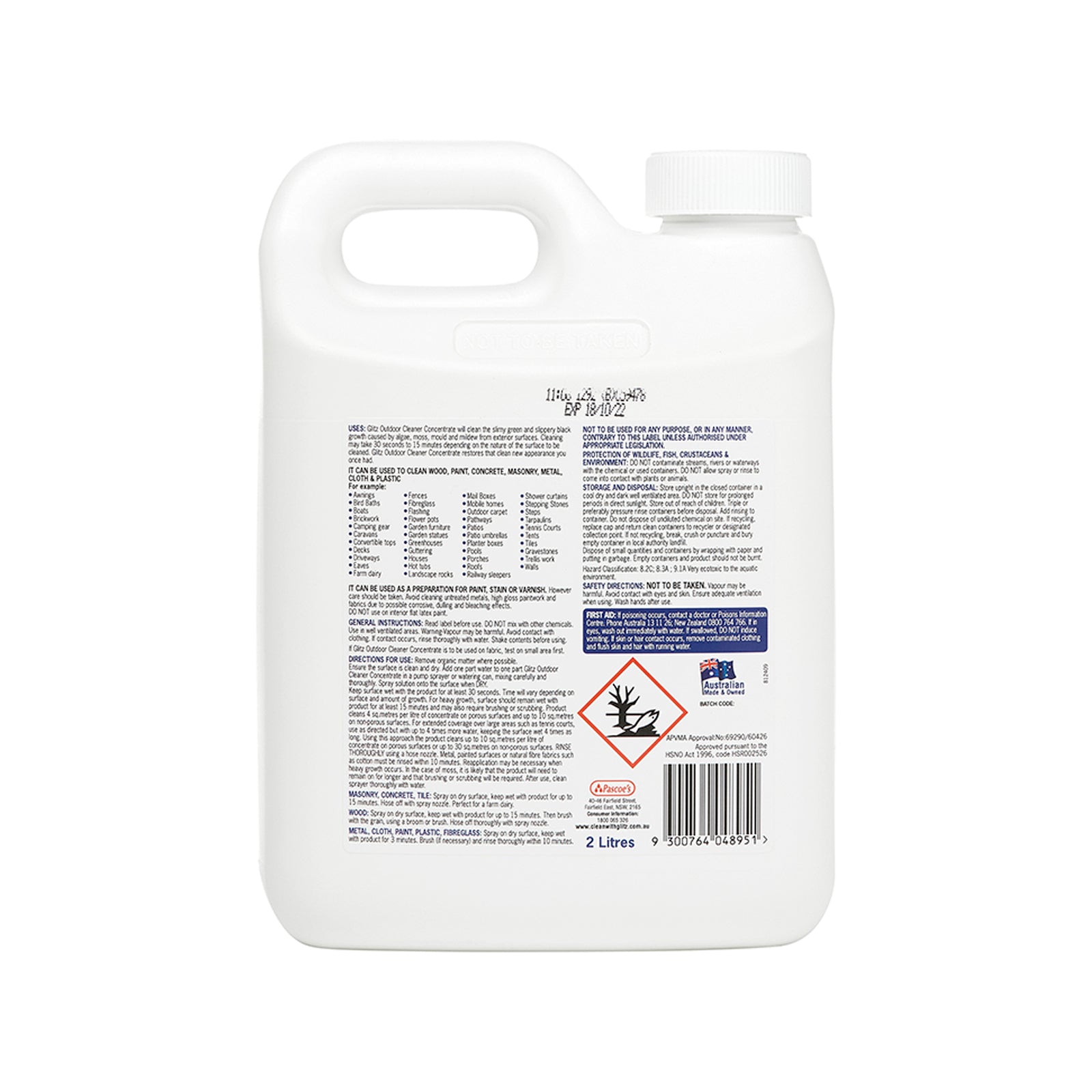 Glitz Outdoor Cleaner Concentrate 2L - Removes Algae, Moss, Mould & Mildew