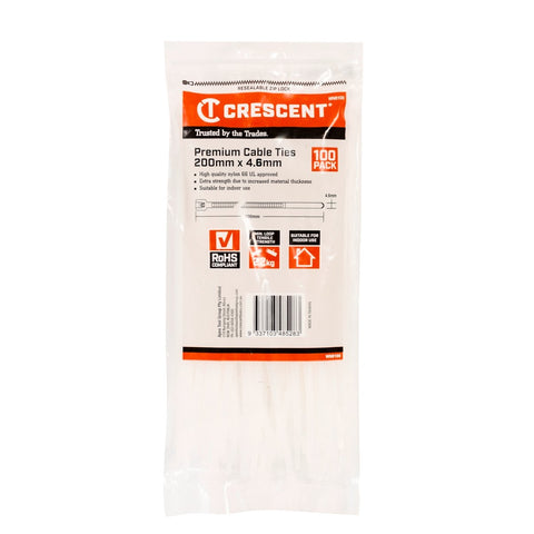 Crescent Cable Ties - 200 x 4.6mm - White - 100 Pack - Nylon - Self-Locking - SuperSaverAU - view 1
