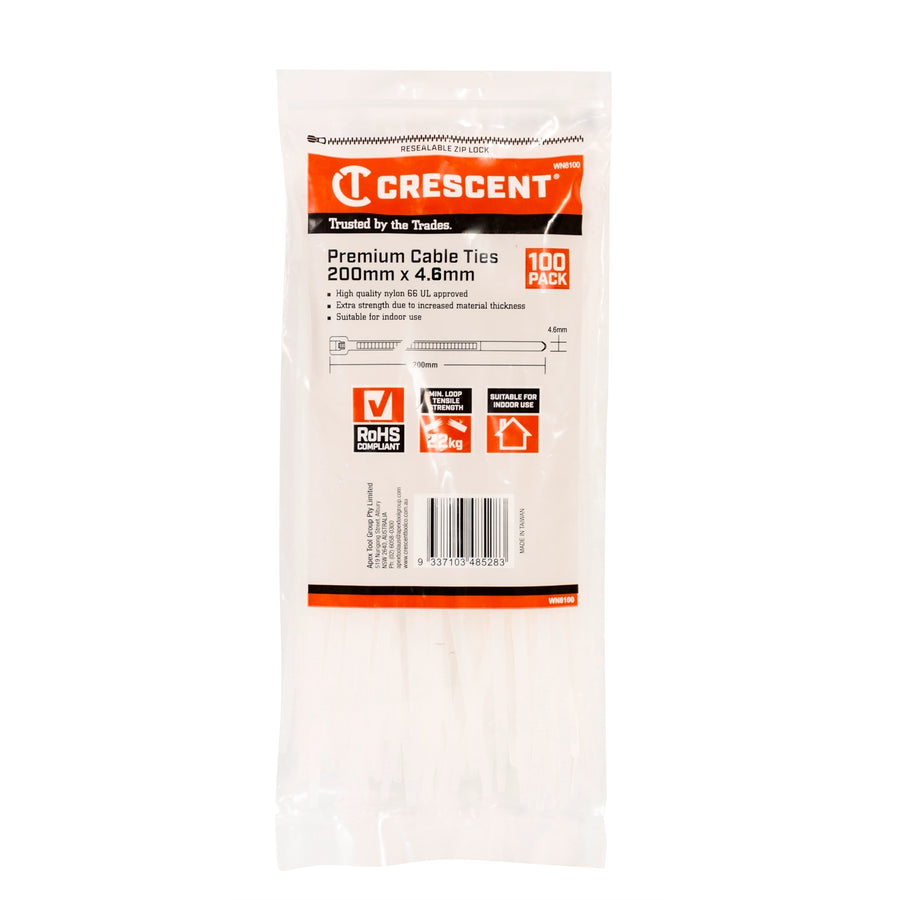 Crescent 200mm x 4.6mm Natural Nylon Cable Ties 100 Pack
