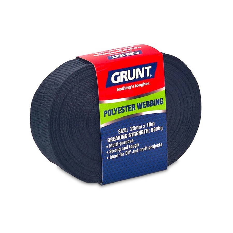 Grunt 25mm Black Poly Webbing 10m Strong Durable Lightweight - SuperSaverAU - view 1