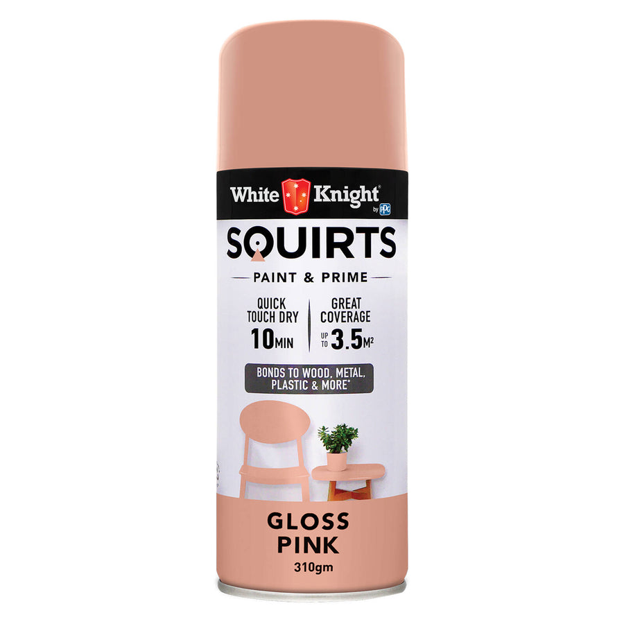 White Knight Squirts Pink Gloss Spray Paint 310g - Solvent-Based Paint & Primer, UV Resistant