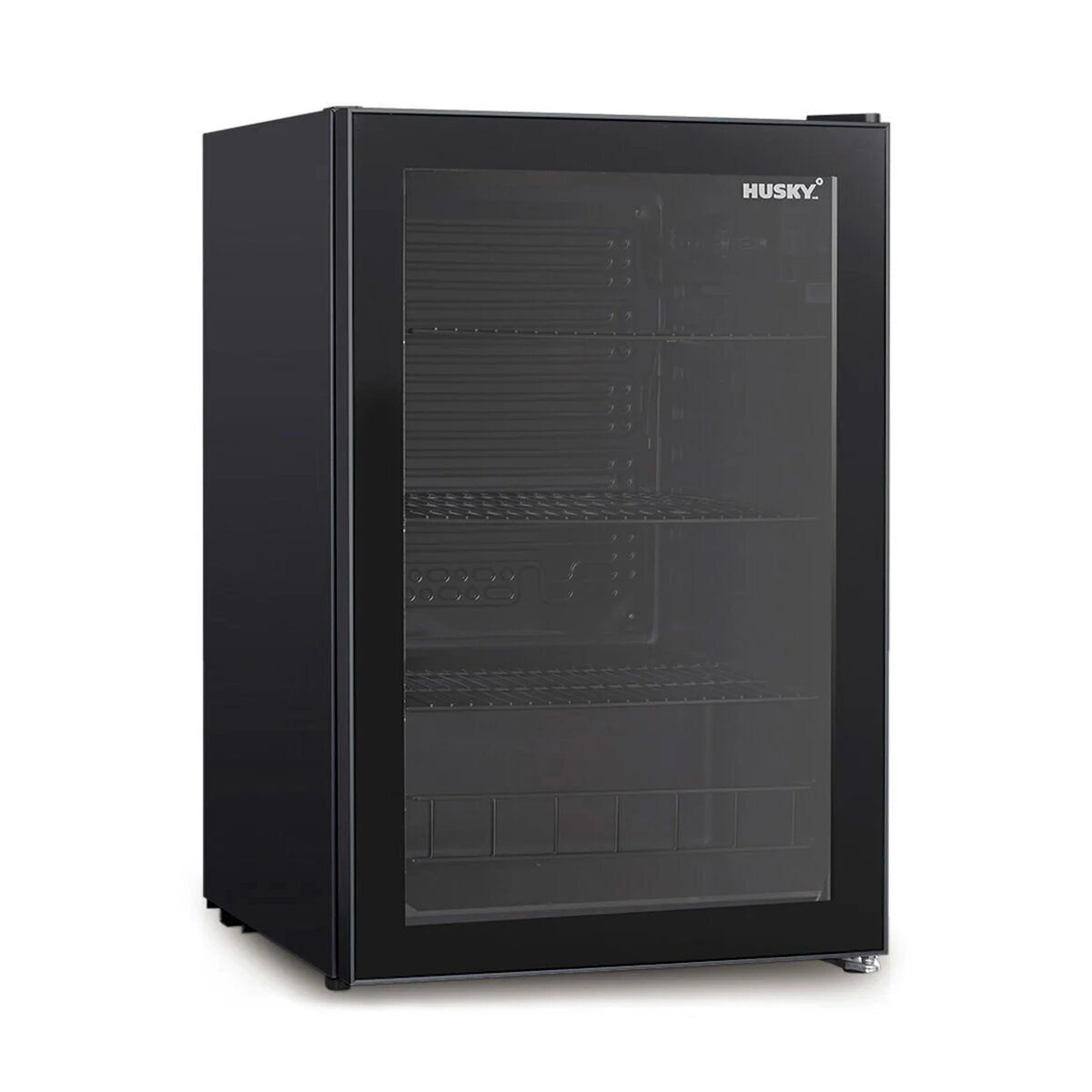 Husky 130L Glass Door Bar Fridge - Black, Double Glazed, LED Lighting, 2.5 Star Rating - HUS130CNBLK