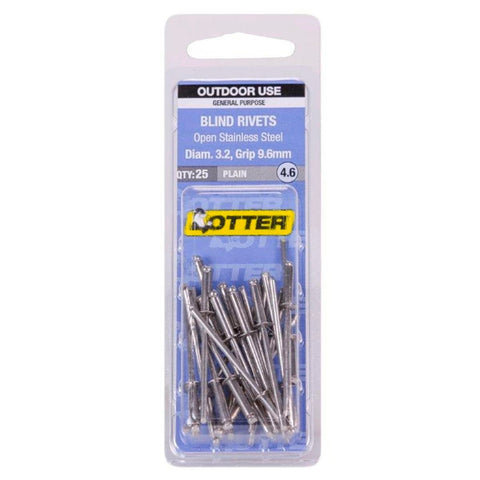 Otter Open Stainless Steel Blind Rivets 2x9 6mm 25 Pack Durable - SuperSaverAU - view 1