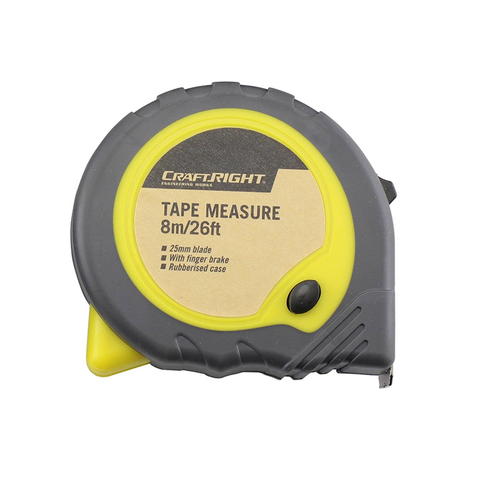Craftright 8m Tape Measure, Lockable Blade, Rubberised Case, Belt Clip, Orange/Black