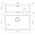 Artinox Radius 74 XL Single Bowl Sink - Stainless Steel, 250mm High, 780mm Wide, Overflow - ARTRAD7440XL