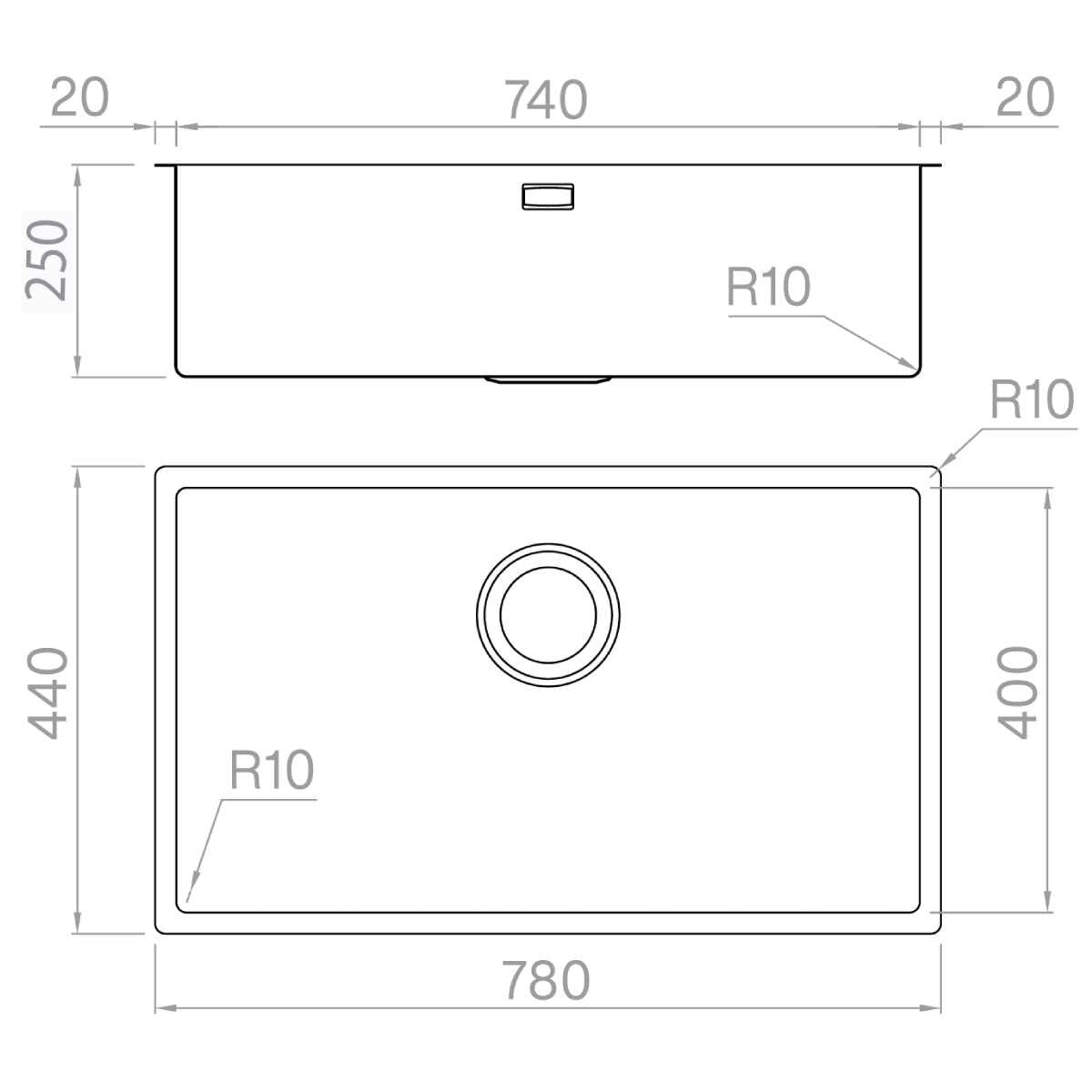 Artinox Radius 74 XL Single Bowl Sink - Stainless Steel, 250mm High, 780mm Wide, Overflow - ARTRAD7440XL