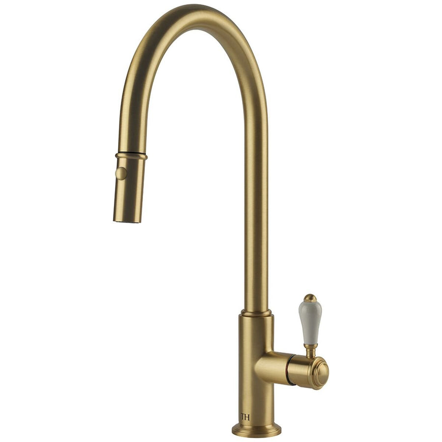 Turner Hastings Ludlow Pull Out Sink Mixer - Brushed Brass, Brass Body, White Lever Handle - LU109PM-BB