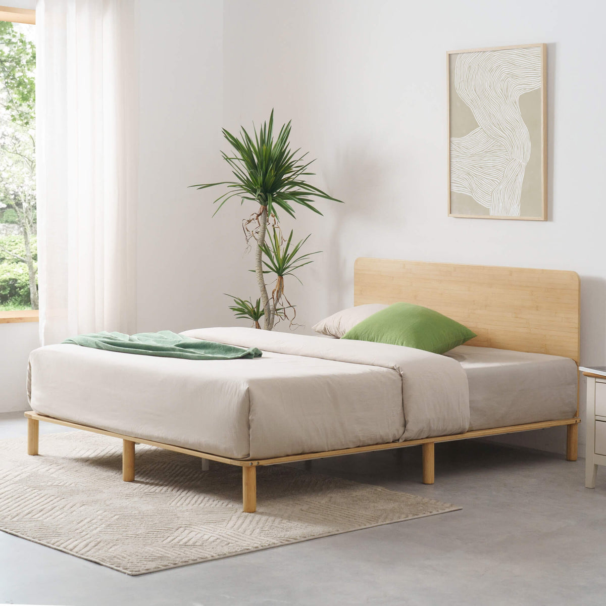 Zinus Arden King Bamboo Wood Bed Frame - Natural Finish, Built-In Headboard, Slatted Base - AU-FPWNH2ZC-08K