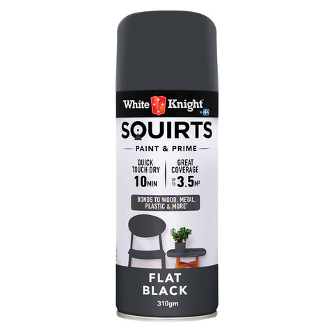 White Knight Squirts Black Flat Spray Paint 310g - Solvent-Based Paint & Primer, Waterproof
