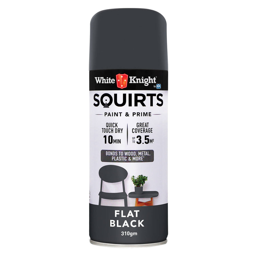 White Knight Squirts Black Flat Spray Paint 310g - Solvent-Based Paint & Primer, Waterproof