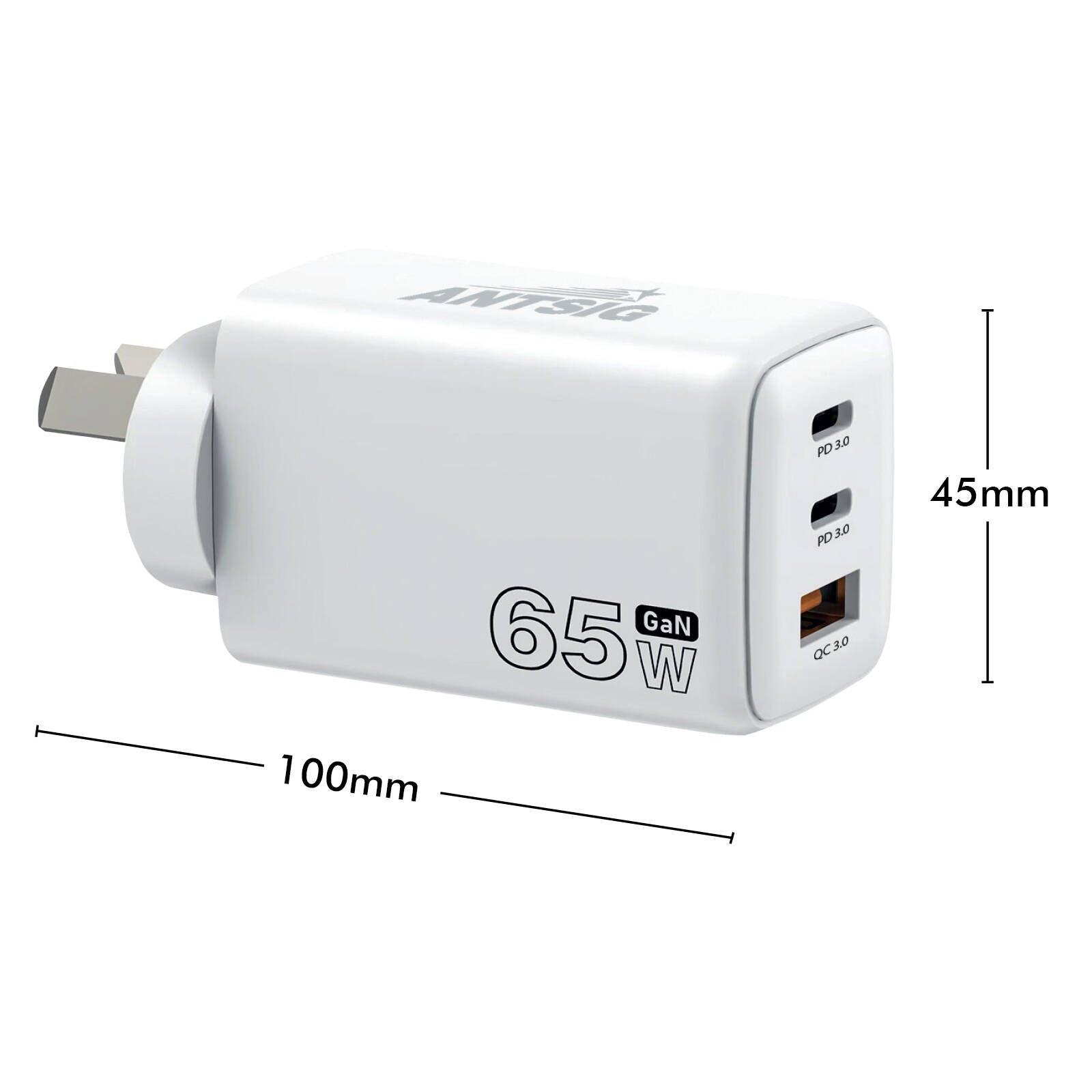 Antsig 65W Multi Port Wall Charger - USB-C 65W + Dual USB-A, GaN Fast Charge APWC65WA2C