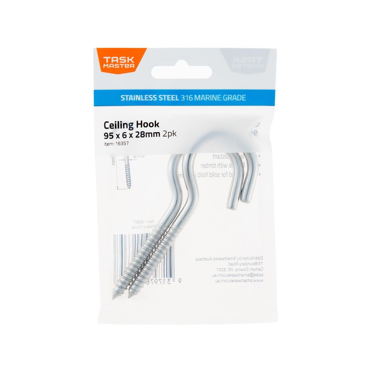 Taskmaster Ceiling Hook 2 Pack - 95 x 6 x 28mm - 316 Stainless Steel - Chrome - SuperSaverAU - view 1