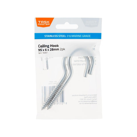 Taskmaster Ceiling Hook 2 Pack - 95 x 6 x 28mm - 316 Stainless Steel - Chrome - SuperSaverAU - view 1