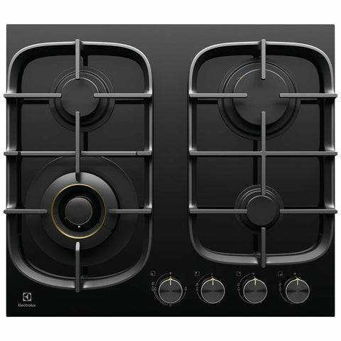 Electrolux 60cm Natural Gas Cooktop - Black Ceramic Glass, Four Burners, Dual Flame Wok - EHG645BE