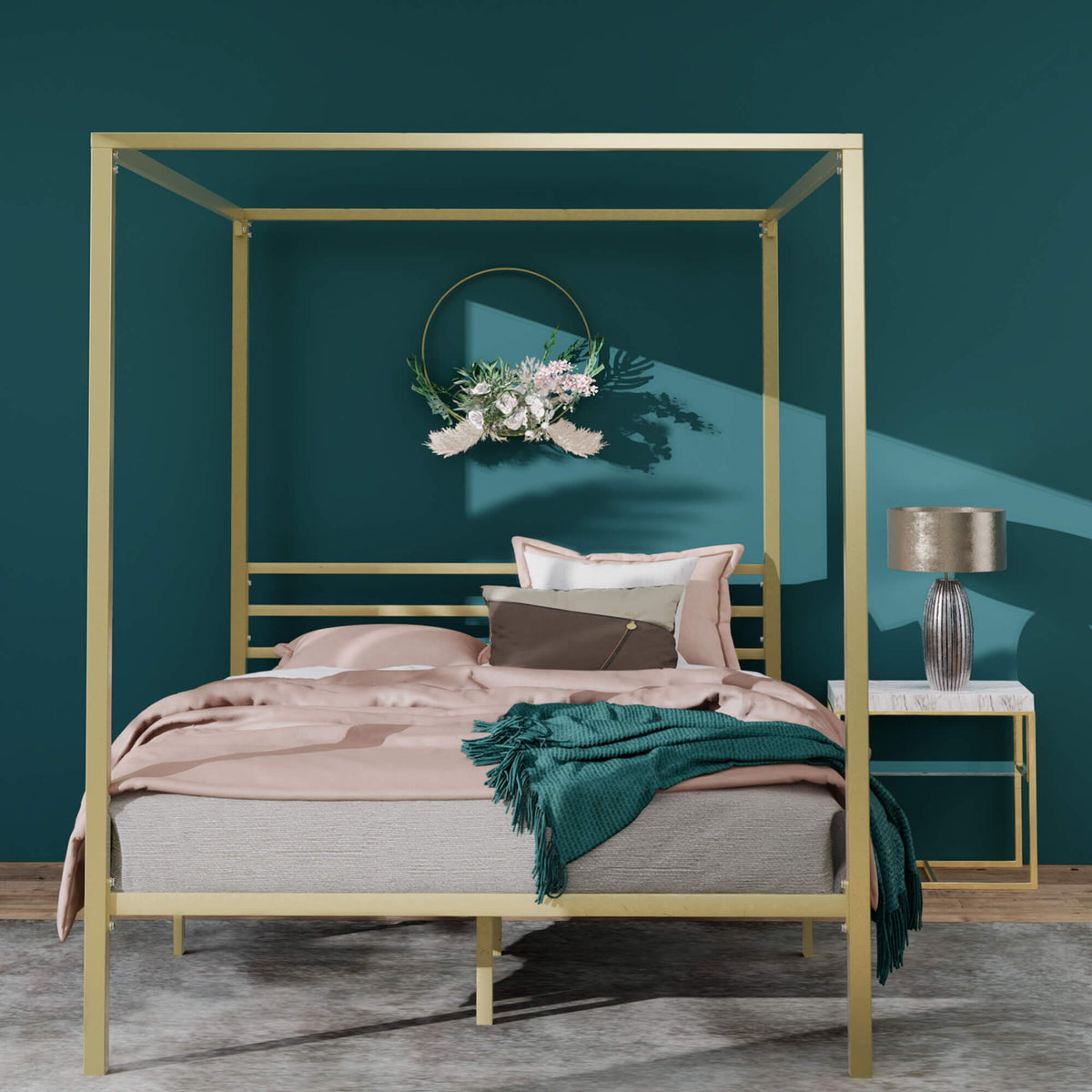 Zinus Double Metal Canopy Bed Frame - Gold Steel Frame, Slatted Support, 250kg Capacity - AU-CPBFG-D