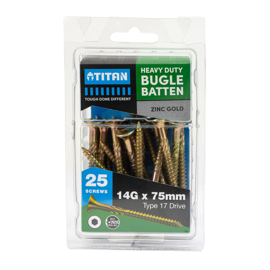 Titan 14g x 75mm Zinc Gold Bugle Head Timber Batten Screw - 25 Pack