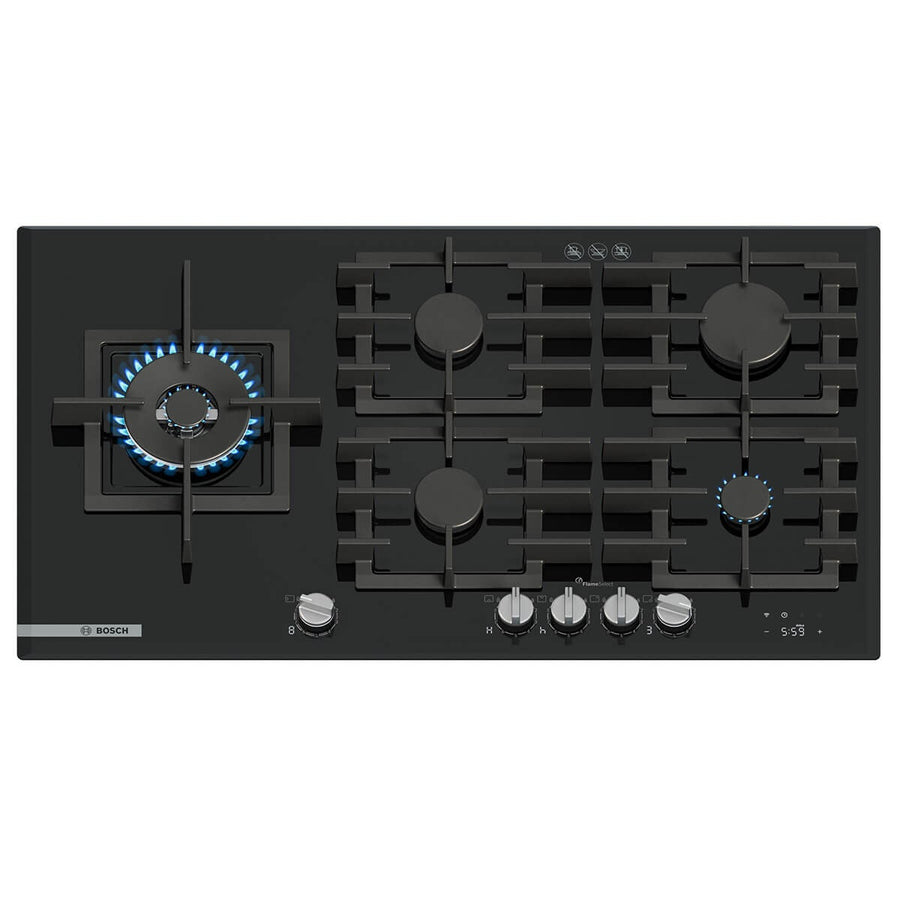 Bosch 90cm Series 8 Natural Gas Cooktop - Black Tempered Glass, FlameSelect, Home Connect - PRS9A6H40A