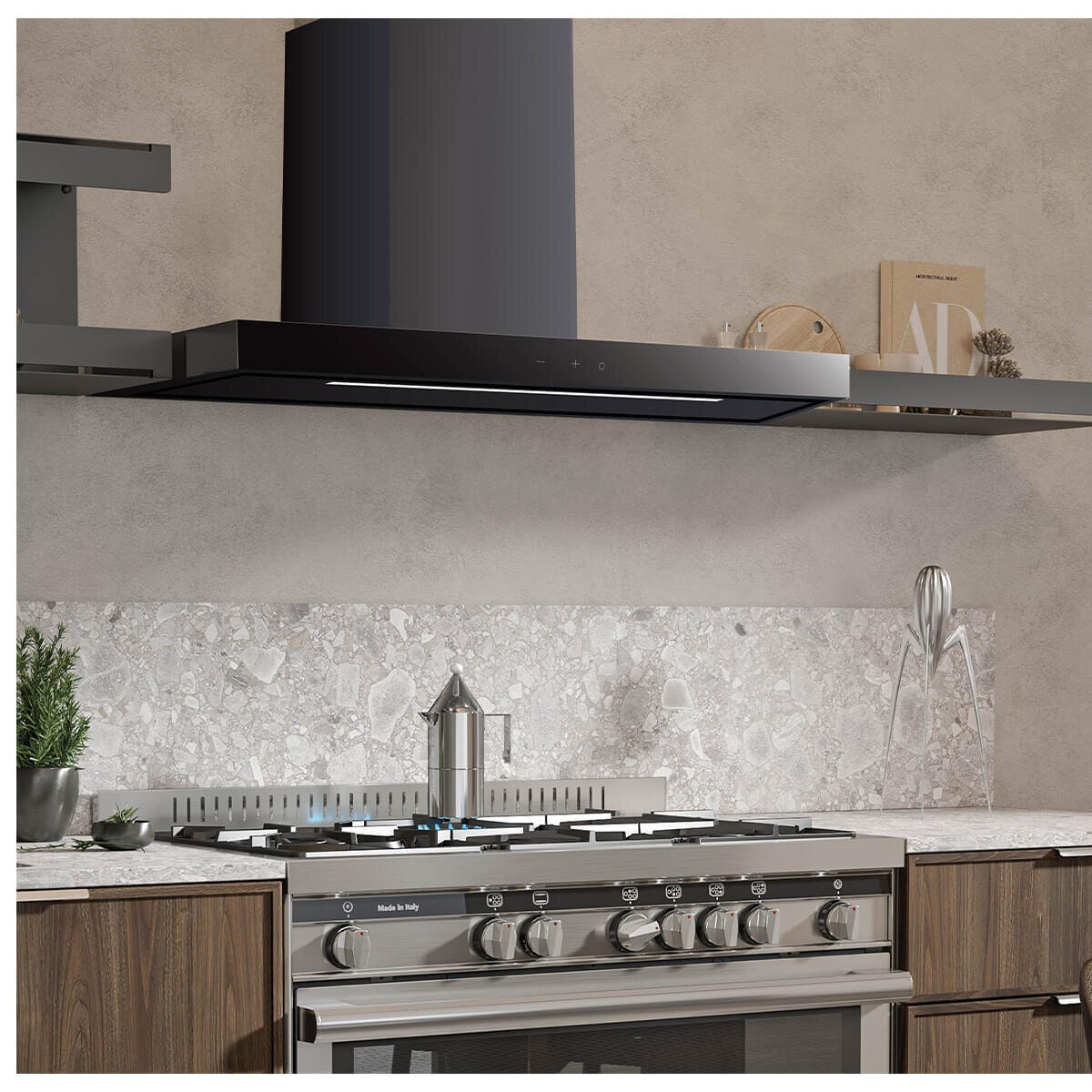 Glem Gas 90cm Wall Mounted Canopy Rangehood - 800m³/h Extraction, Matte Black, Touch Controls - CK90CTF