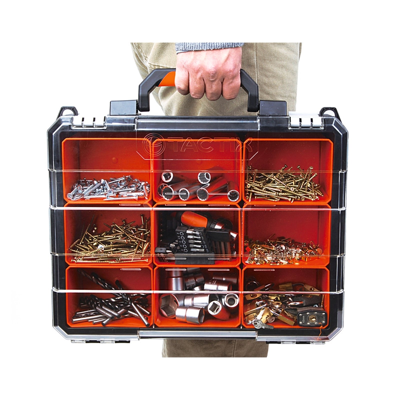 Tactix 9 Compartment Trade Quality Organiser Black & Orange Removable Tubs