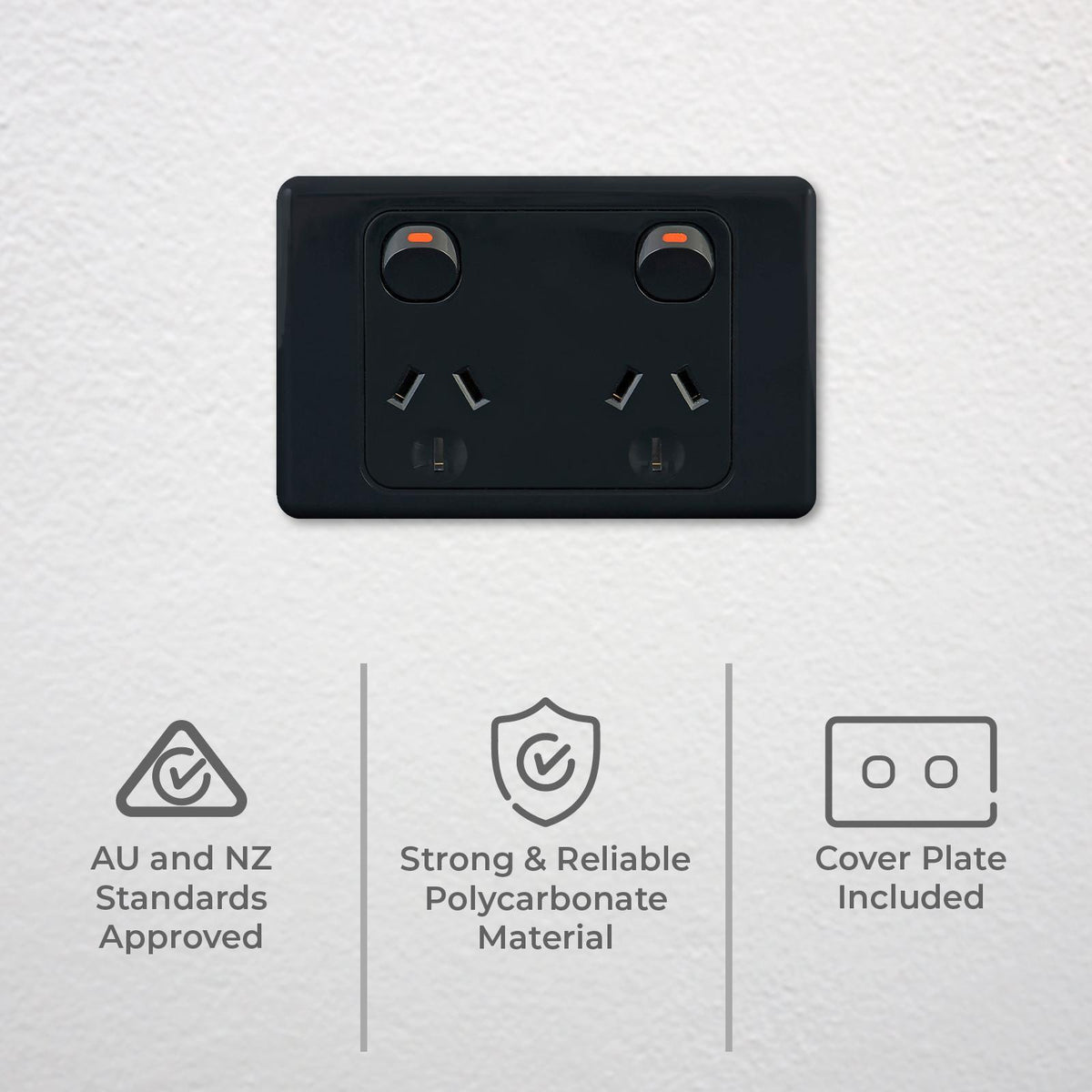 DETA Black Double Power Point - Polycarbonate Indoor 10A 250V