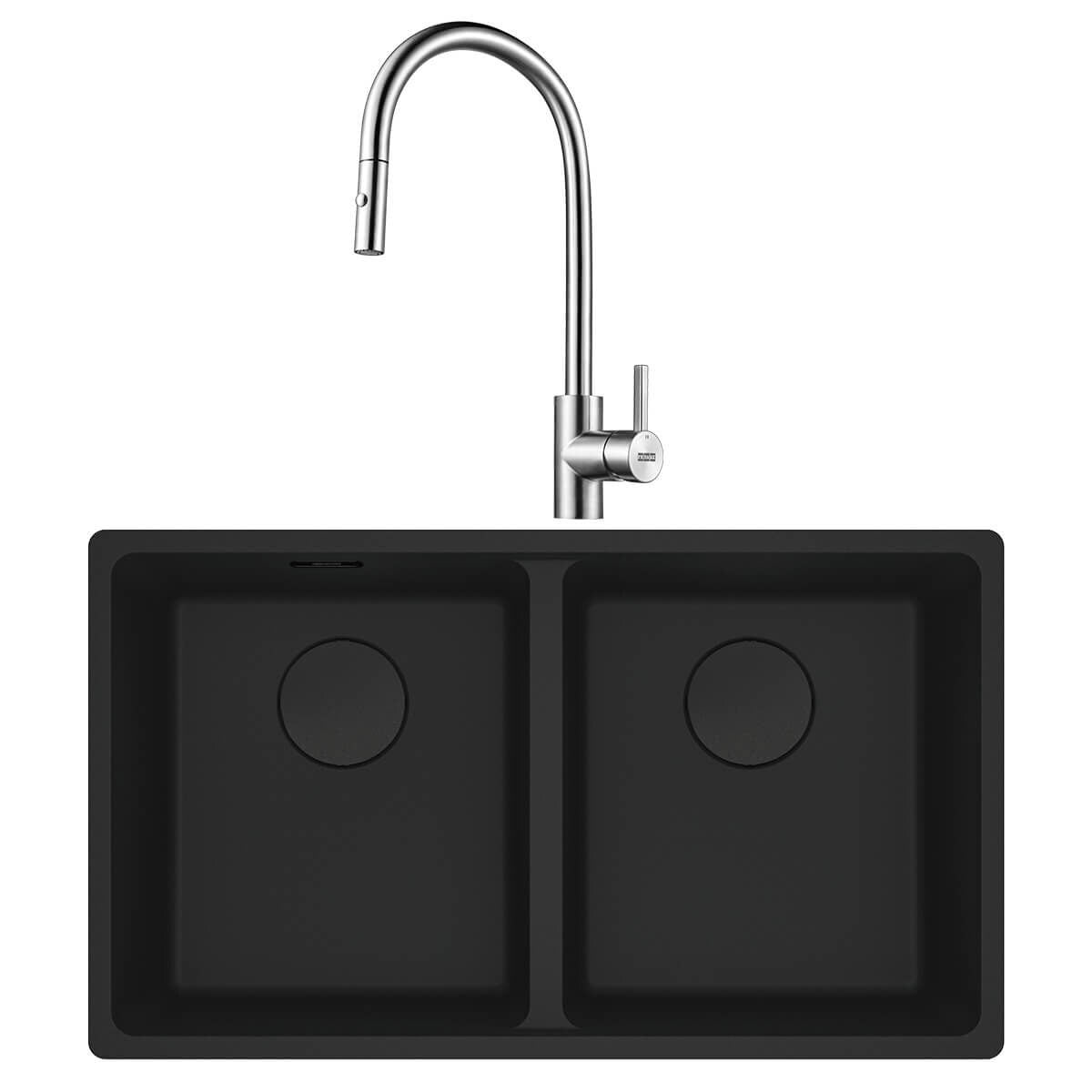 Franke Maris double bowl sink and pull out tap - black Fragranite, hidden overflow - MRG620BMBTA9601