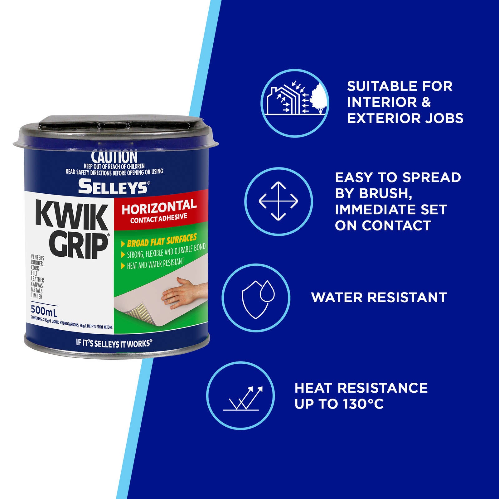 Selleys 500ml Kwik Grip Horizontal Contact Adhesive - Solvent-Based, Instant Bond
