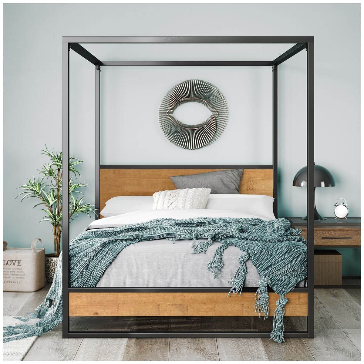 Zinus Ironline Queen canopy bed frame - black steel with wood accents, non-slip slats - AU-IRPBHC-14Q