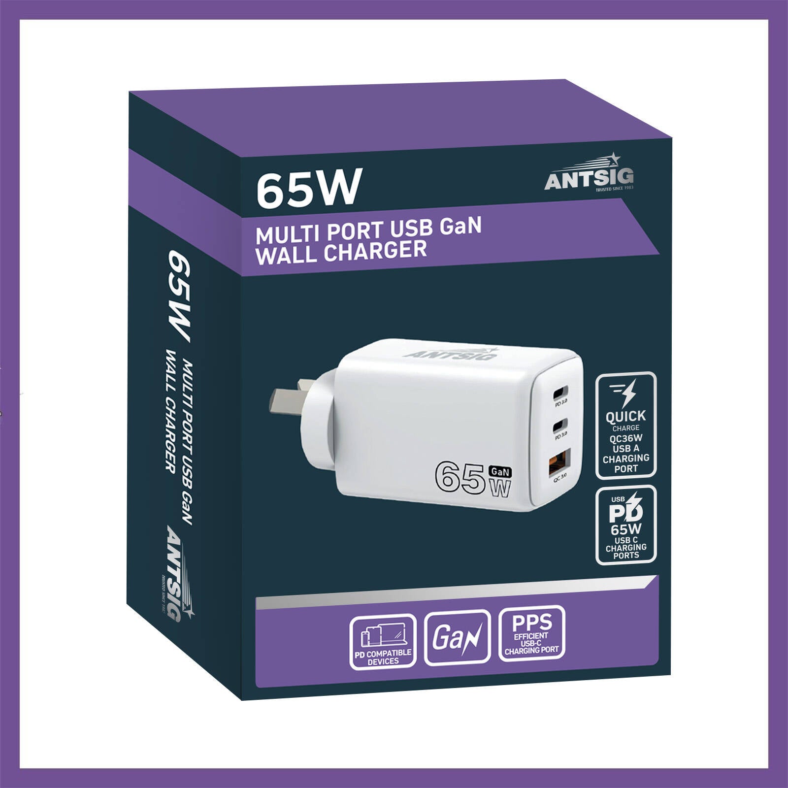 Antsig 65W Multi Port Wall Charger - USB-C 65W + Dual USB-A, GaN Fast Charge APWC65WA2C