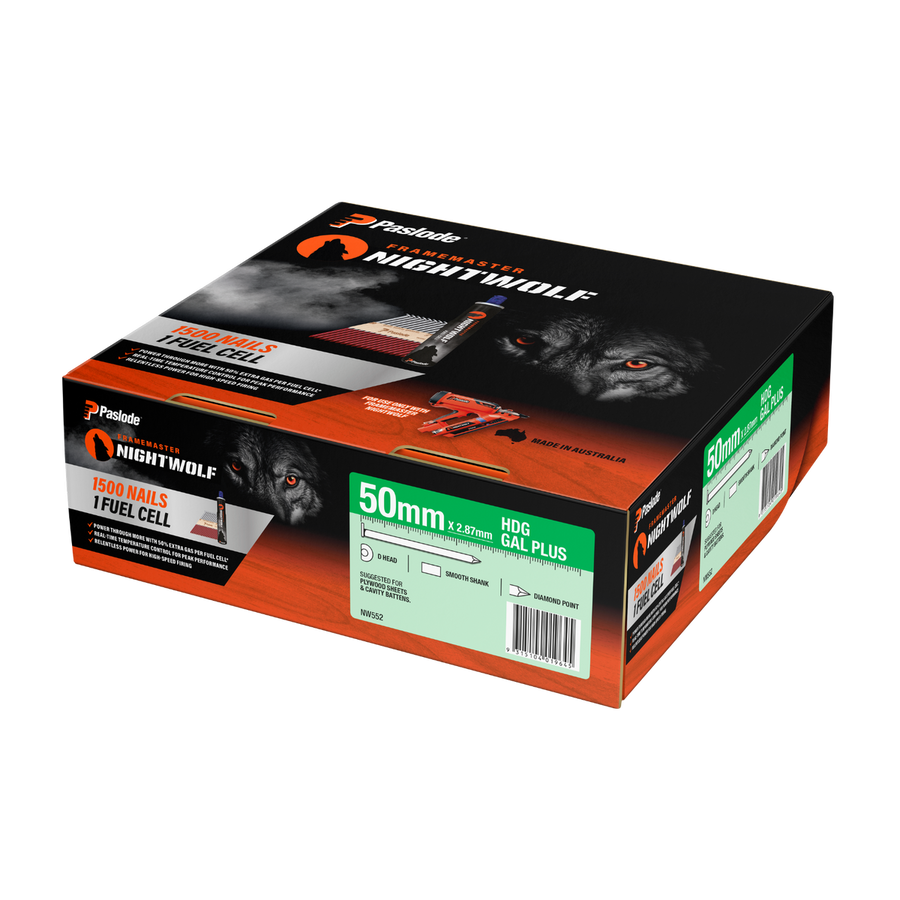 Paslode Nightwolf D Head Smooth Nail 50mm 1500 Pack - HD Galv - Precision Framing - SuperSaverAU - view 1