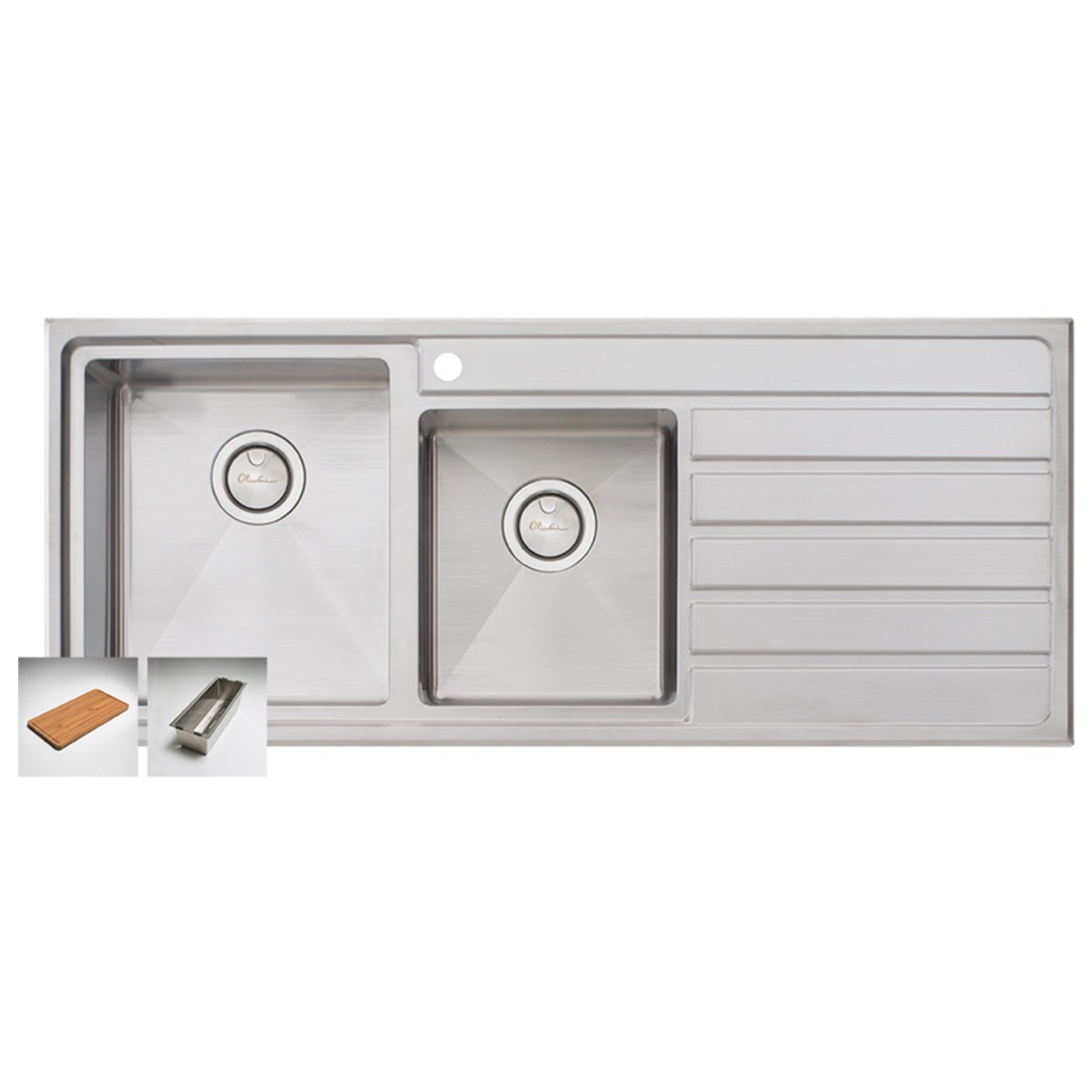 Oliveri 1 and 3/4 Bowl Topmount Sink - Left Hand Drainer, Brushed Stainless Steel, Colander - AP1412