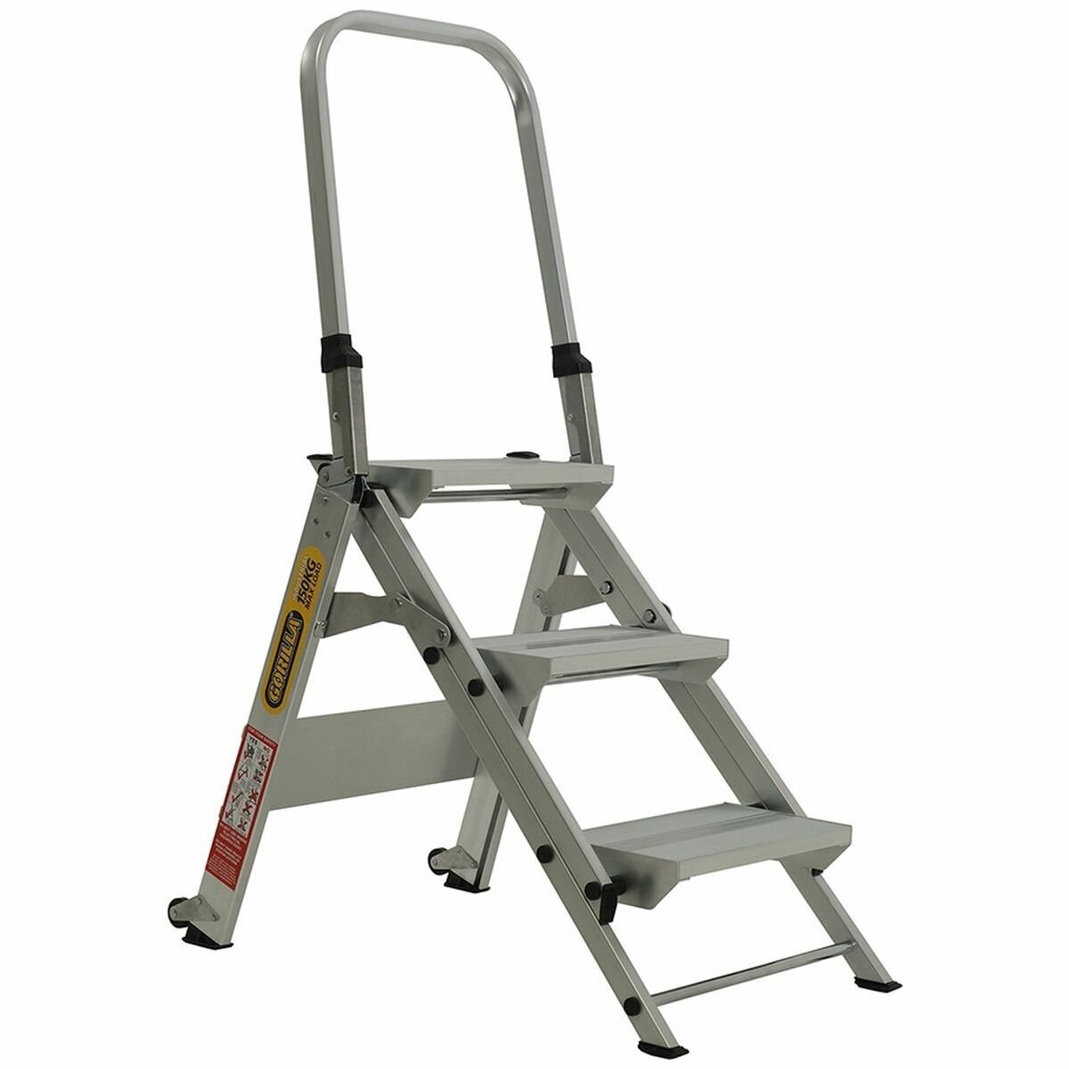 Gorilla Three Step Stair Ladder - High Grade Aluminium, Fitted Wheels, Folds Flat, 150kg Rated - GOR-3STAIR