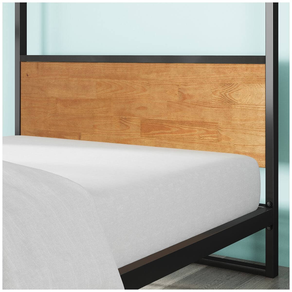 Zinus Ironline Queen canopy bed frame - black steel with wood accents, non-slip slats - AU-IRPBHC-14Q