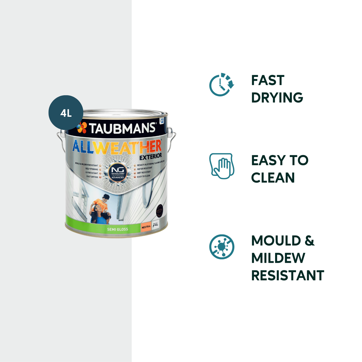 Taubmans 4L All Weather Exterior Paint - Neutral - Semi Gloss - 4L - Mould Resistant - SuperSaverAU - view 2